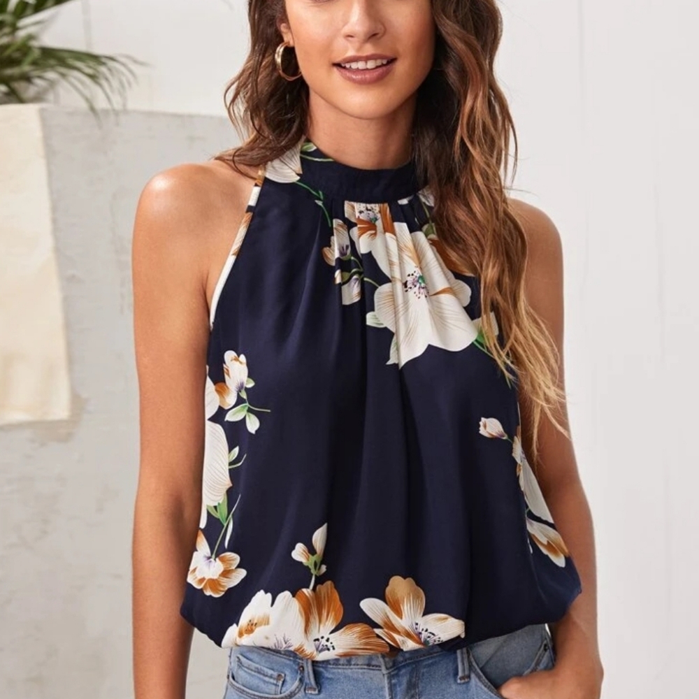 NWT High neck floral reverse halter